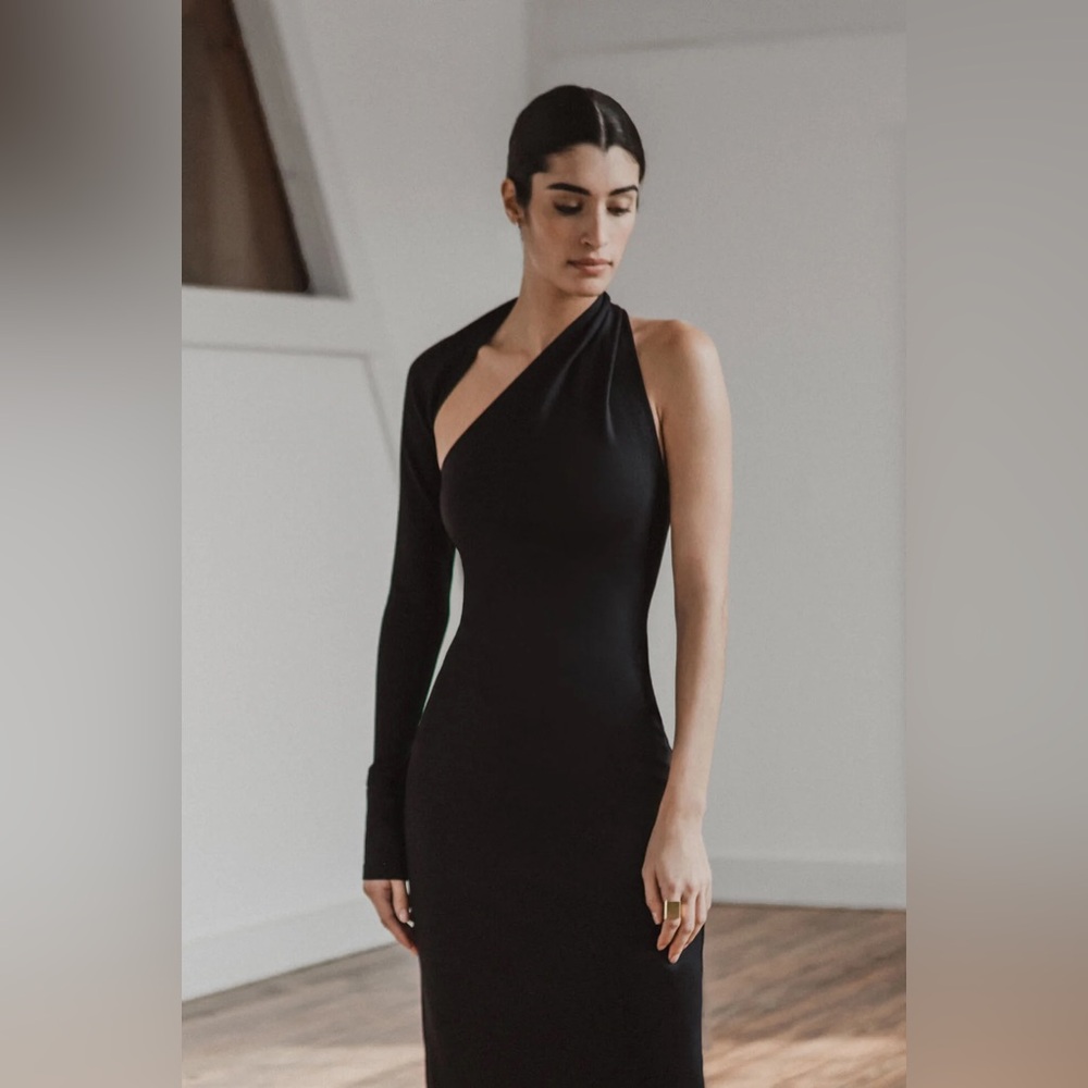 New! Marcella Manhattan One Shoulder Knit Gown Black Maxi Dress Size Medium - Picture 4 of 10
